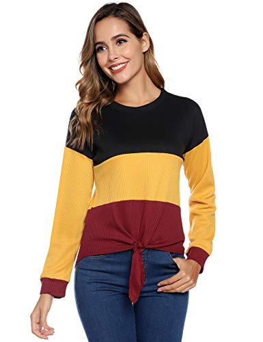 Hawiton Pullover Jerséis de Punto Mujer, Waffle Sweater Manga Larga Casual Top Cuello Redondo Block Color Sudaderas Primavera otoño suéter para Mujer