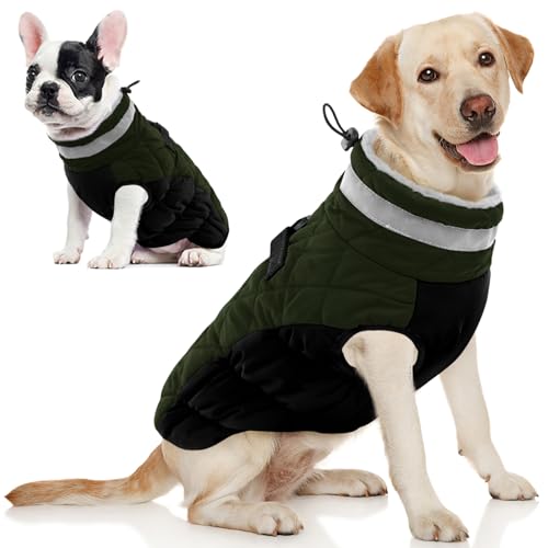 AOFITEE Wintermantel für große Hunde, Wasserdicht Hundemantel Hundejacke Mittelgroße Hunde mit Geschirr, Winddichter Winter Hunde Jacket mit Reißverschluss, Warme Outdoor Hundebekleidung, L Dunkelgrün