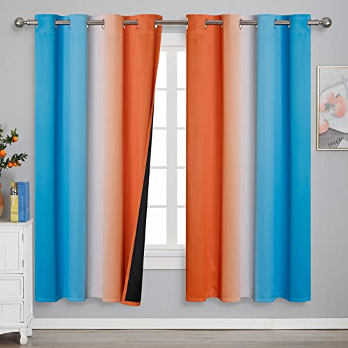 Ombre Orange and Blue Blackout Curtains 72 Inch Length 2 panels, Full Room Darkening Curtains for Bedroom, Thermal Insulated Gradient Drapes, Full Light Blocking Curtains with Grommet, 52x72 Inch
