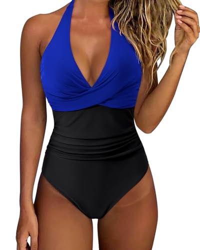 Image of SUUKSESS Women Sexy Tummy Control One Piece Swimsuits Halter Push Up Bathing Suits