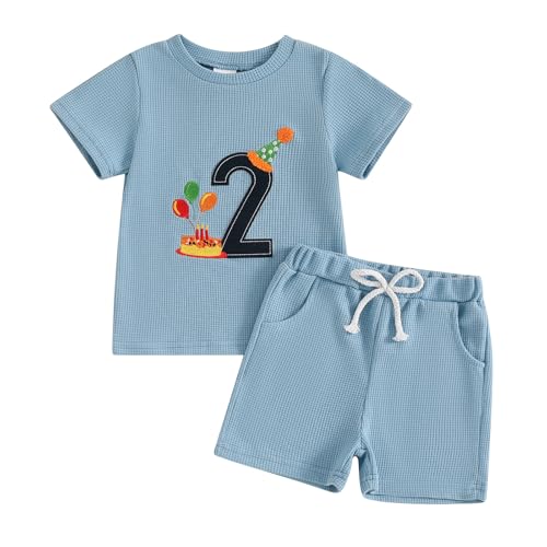 KtwHarnu Toddler Baby Boy 1st 2nd Birthday Outfit Embroidery Waffle Knit Short Sleeve T-Shirt Shorts Set Cake Smash Outfit ?Two Blue, 2-3 T