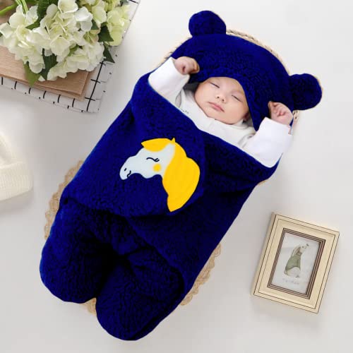 Image of BRANDONN Baby Blanket New Born Pack of Wearable Flannel 0-6 Months Hooded Swaddle Wrapper Blanket, Navy Blue, Lightweight