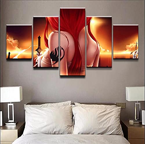 MPPSU Anime-Fairy-Tail Tableaux, Posters et Arts Décoratifs Tableau Cuisine Decoration Murale Salon Moderne Impressions Sur Toile Intissee 5 Pièces Avec Cadre