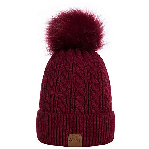 Alepo Womens Winter Beanie Hat, Warm Fleece Lined Knitted Soft Ski Cuff Cap with Pom Pom(Burgundy)