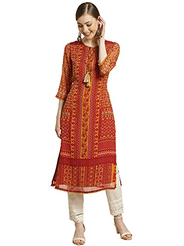 Image of Juniper Mustard Chiffon Printed Straight Kurta