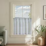 jinchan Striped Linen Kitchen Curtains 30 Inches Length Tier Curtains Farmhouse Modern Cafe Style Small Window Treatments Airy Light Filtering Rod Pocket for Living Room Bathroom 2 Panels Blue