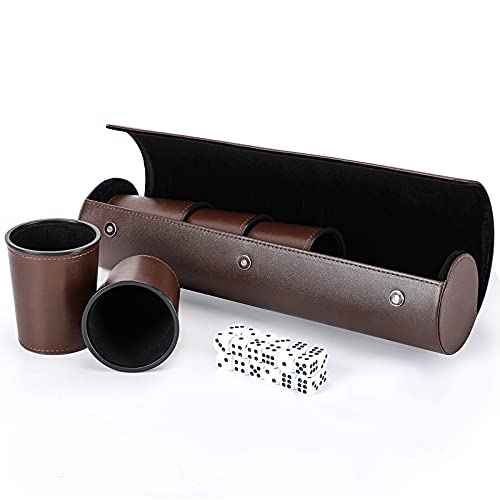image for ImnBest Party Games Leather Dice Cup Set, 5 Black Dices Cups + 25 Dice