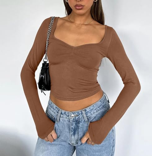 Image of Women Sweetheart Neckline Basic Fitted Tops Long Sleeve Going Out Crop Tops Ruched T Shirts