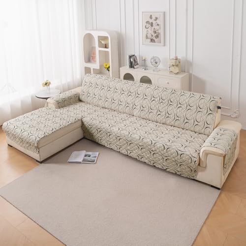 Image of HOKIPO 'Elira Series' Printed Quilted One-Piece L Shape 5 Seater (3+2) Sofa Cover with Left Chaise | Anti-Slip Design, Natural Beige Abstract Art (AR-5374-C4)