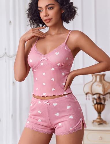 Image of Avidlove Women's Soft Ribbed Knit Cami Pajama Set Sexy V Neck Lace Trim Sleepwear Side Slit Shorts Lingerie Nightwear