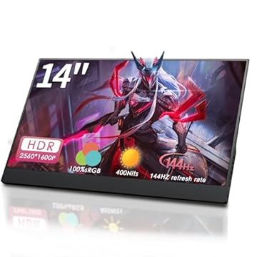 Monitor portátil StarXnDa de 14 polegadas, 2560 x 1600p 2,5 K portátil para jogos de 144 Hz ultrafino 400 Nits 100 % sRGB HDR portátil com porta USB tipo C HDMI de sinal duplo