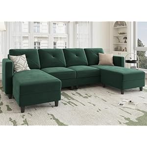 HONBAY U Shaped Sectional Sofa Convertible Couch with Double Chaises 4 Seat Sofa with Two Ottomans, Velvet Green