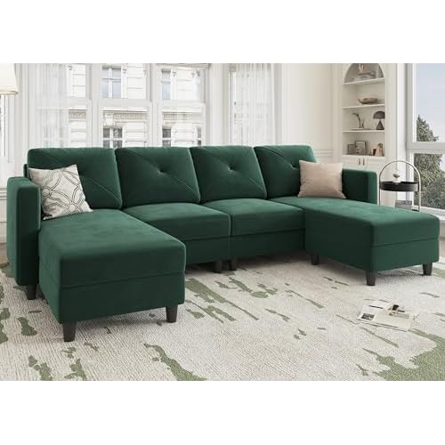 HONBAY U Shaped Sectional Sofa Convertible Couch with Double Chaises 4 Seat Sofa with Two Ottomans, Velvet Green