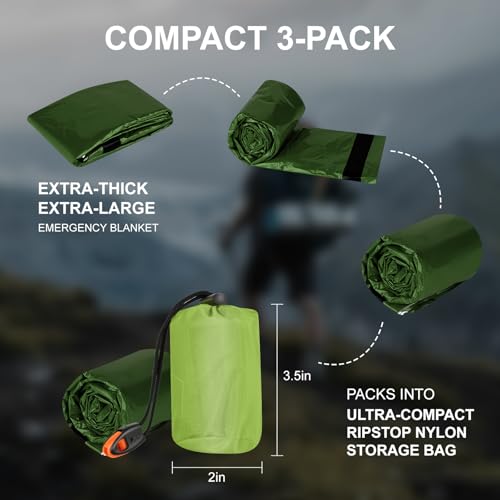 Emergency Survival Sleeping Bags, Waterproof & Windproof Thermal Bivy Sack with Whistle, Compact for Outdoor, Camping, Hiking & Emergency Kits (2, Green)