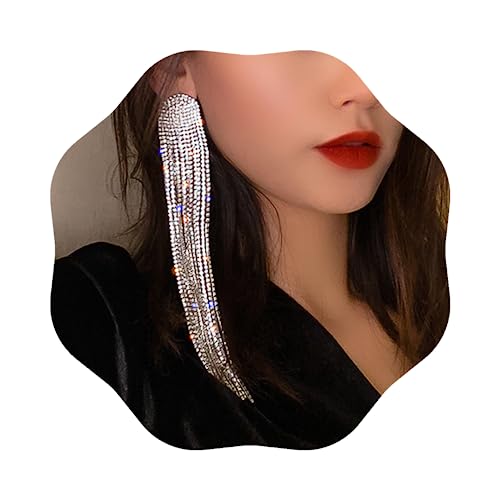 Wekicici Long Rhinestones Tassel Earrings Crystal Chandelier Tassel Long Big Statement Chain Dangle Drop Earrings for Women