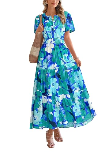 Image of BTFBM Womens Summer Floral Maxi Dresses V Neck Short Sleeve Boho Casual Flowy Long Wedding Guest Dress Beach Vacation