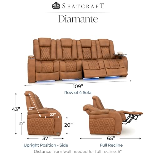 Image of Seatcraft Diamante Tawny Italian Leather Home Theater Seating, Zero Gravity Power Recliner Gaming and Home Office Chair, Powered Headrest Lounge Sofa Furniture for Cinema Room, Row of 4 Sofa