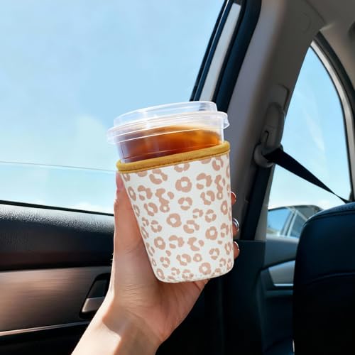 Image of Reusable Insulated Sleeve for Iced Coffee Cup, Coffee Neoprene Sleeve for Cold & Hot Drinks, Beverage Holder for Iced Coffee (Leopard Grace, Medium: 22-24oz)