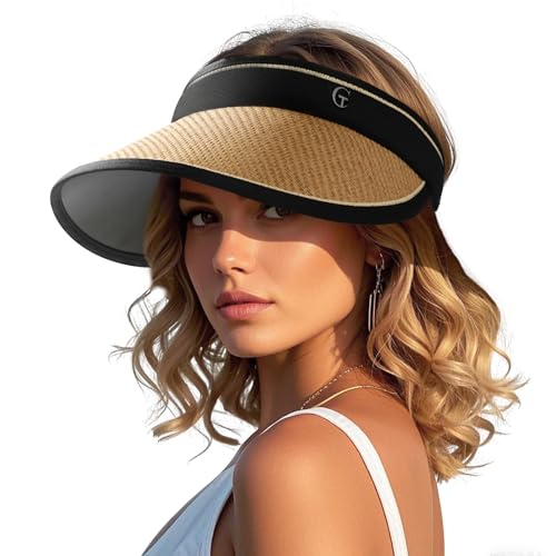 Sun Visor Hats for Women Wide Brim Beach Hats for Women Summer Packable Ponytail Travel UPF50+ UV(Curl Packaging)