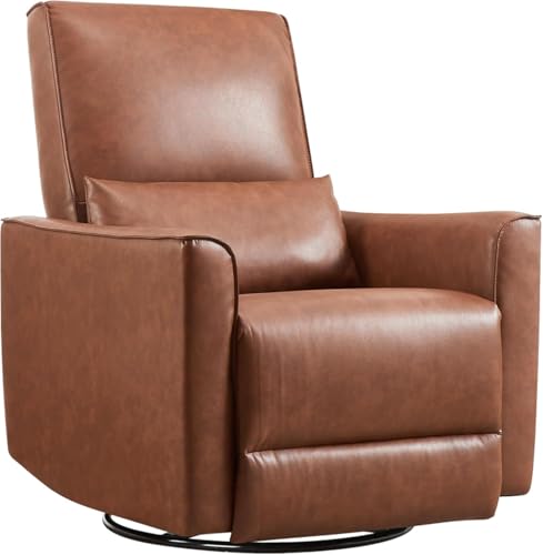 Image of Swivel Rocking Nursery Recliner Chair, Glider Rocker Recliner with High Backrest & Deep Seat, PU Leather Sofa Chair for Nursery, Living Room, Bedroom and Home Theater, Brown