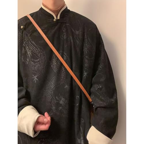 NCDUANSAN Chinese dragon pattern printed jacket, button neck men's autumn retro ethnic style, loose high neck for warmth3