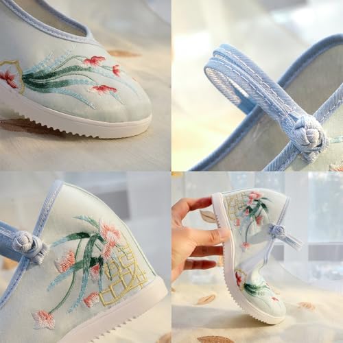 2025 Eleganckie Damskie Buty Z Haftem Kwiatowym Chiński Styl Ślubny Hanfu Cheongsam Niewidoczne Buty Na Koturnie Swobodne Wygodne Buty Na Platformie Z Paskiem Na Kostkę(White,37 EU)