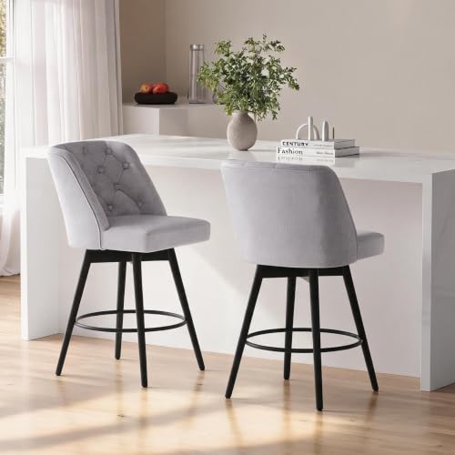 Set de 2 Butacos Modernos Giratorios de Barra - Sillas de 26'' con Respaldo - Tapizado en Lino Gris Claro, Asiento Cómodo, Reposapiés de Hierro Resistente - Ideal para Isla de Cocina y Bar Hogareño miniatura 1