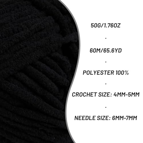Image of 3 Packs Plush Chenille Chunky Crochet Yarn - Baby Yarn for Crocheting Soft - Velvet Yarns Knitting for Blankets Crafts - Fluffy Amigurumi Yarns 150g / 196.8yds (3 Black)