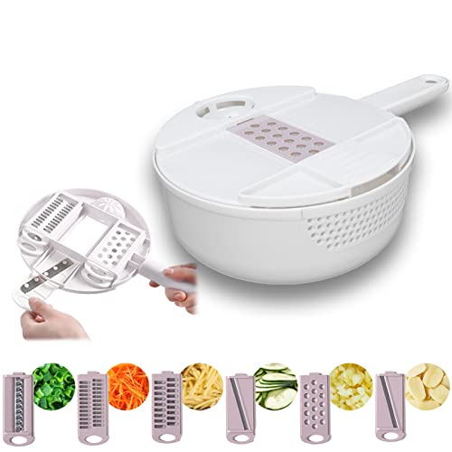 Picadora cortadora de verduras 12 en 1, trituradora de alimentos manual redonda para cocina, herramienta para cortar cebollas con cesta de drenaje, cepillo protector de manos(rosado)