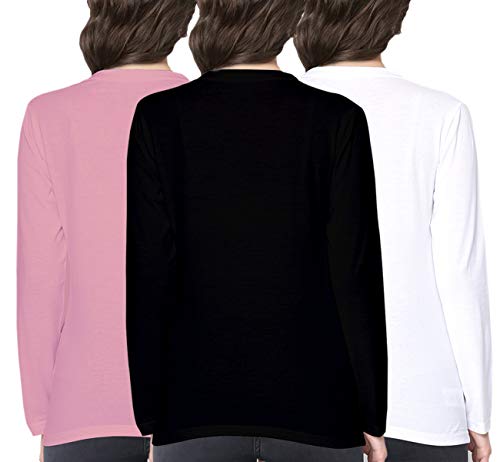 Image of Pooplu Women's Regular Fit Premium Combo V Neck Full Sleeves Pack of 3 Cotton Plain Pink, Black, White t-Shirts. Casual, Stylish, Plain Pootlu Tshirts