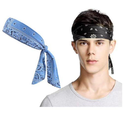 Image of Sweat Sweatband Headband Men, Ninja Headbands, Sports Head Tie, Mens Paisley Headband Long Hair, Athletic Head Band - Black and Blue Combo