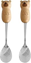 iplusmile 2 Peças Colheres De Cabo De Madeira Colheres De Aço Inoxidável Colheres De Urso Desenhos Animados Colher De Café Colher De Mistura De Alimentos Colher De Sobremesa Colher De