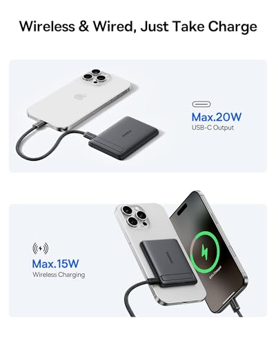 Image of Baseus Picogo Power Bank, Smallest Qi2 Certified 15W MagSafe Portable Charger, 0.5 inch Ultra Slim 5000mAh Magnetic Battery Pack with Stand, Alloy Wireless Charger for iPhone 17 Pro Max /17 Air /16 Series