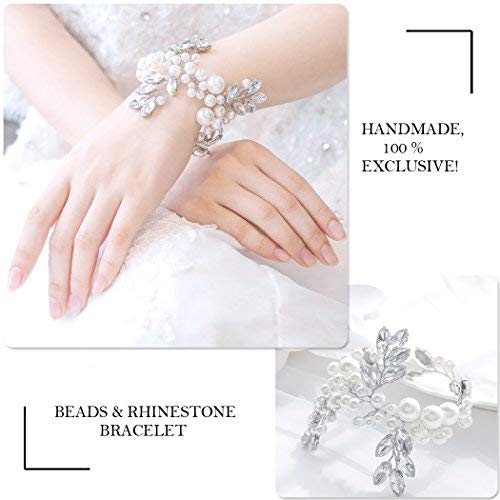 Aukmla Wedding Pearl Hair Vine Crystal Headbands and Bracelet Set Bridal Hair Wreath Silver Beads Head Chain Wedding Hair Accessories for the Women and Girls