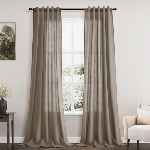 Image of Dark Taupe Flax Linen Curtains 90 Inches Long for Bedroom 2 Panels Back Tab Loop Pocket Privacy Neutral Semi Sheer Curtains Country Rustic Farmhouse Light Filtering Drapes for Living Room 40x90