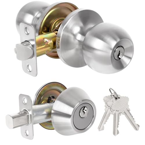 Exterior Door Lock Set, Single Cylinder Deadbolt Lock and Door Knob Set, Keyed Alike Front Door Lock Set, Satin Nickel Door Knob and Deadbolt Set