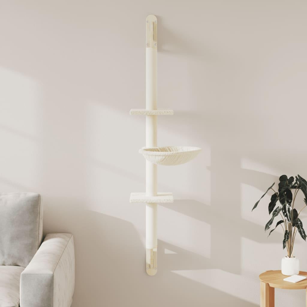 Arbre à chat mural Crème 142,5 cm Arbre à grimper avec colonne griffoir en sisal et maison pour chat en peluche pour jouer, dormir, entretenir les griffes et cacher dans un lieu de repos