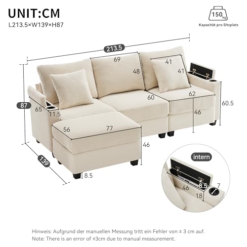 Arhatreya 3 Sitzer L-förmiges Sofa Gästesofa Modern Couch mit 2 Kissen, 3er Sitzsofa mit Getränkehalter Fußhocker und Getränkehalter, Ecksofa für Wohnzimmer, Schlafzimmer, Buros, Cordstoff, Beige – Bild 3