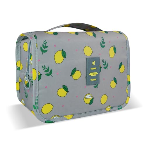 Lcsmaokin Large Capacity Toiletry Bag Travel Bag with Hanging Hook for Men and Women Waterproof Travel Cosmetic Bag Bathroom Storage Bag for Brushes Set,Full-Sized Shampoo,Accessories-Grey Lemon