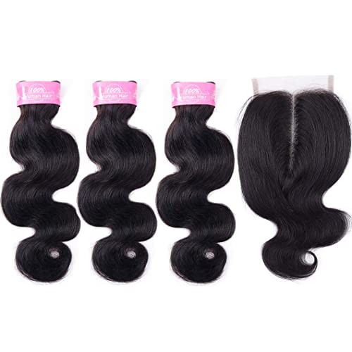 Sexycat Body Wave Bundles with 4x4 Lace Closure Human Hair 14 16 18+12 Inch 100% Unprocessed Brazilian Virgin Hair Extensions Weave Weft Bundles with Middle Part Closure - Image 2