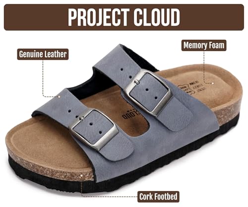 Image of Project Cloud Kids Sandals 100% Genuine Leather - Natural Cork Footbed Non-Slip Slides for Kids - Lightweight Boys & Girls Sandals - Water-Resistant Girls & Boys Sandals