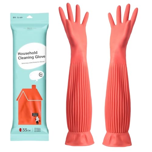 Qilerongrong Guantes de goma para lavar platos de cocina, guantes de goma largos, guantes de limpieza de goma, guantes de platos reutilizables impermeables (rojo, 55 cm L)