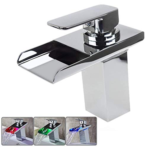 QYWSJ Grifo de Lavabo con Luz Led para Baño, con Sensor de Temperatura, Grifo para Lavabo con Cascada, Monomando, Montaje en Cubierta con Un Orificio