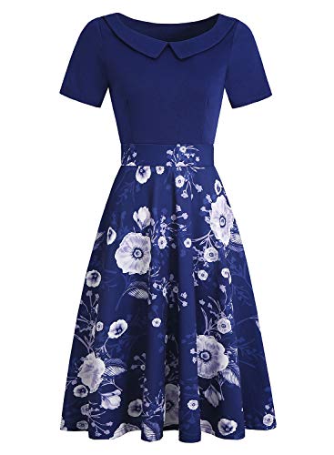 Image of Women's Elegant Vintage Dresses Knee Length Casual Floral Print Work Party Peter Pan Collar A-Line Dress with Pockets 978