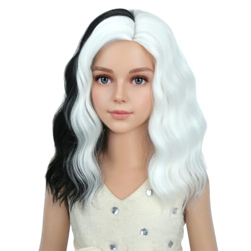 Image of PATTNIUM Kids Black White Wig Shoulder Length Girls Black White Wigs Synthetic Hair Cosplay Costume Two Tone Wigs (Black and White)