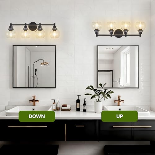 Image of 4-Light Bathroom Light Fixture Black Vanity Lights Over Mirror Modern Wall Sconce Farmhouse Vintage Bathroom Vanity Lighting with Glass Shade for Bedroom Hallway Cabinet Bathroom