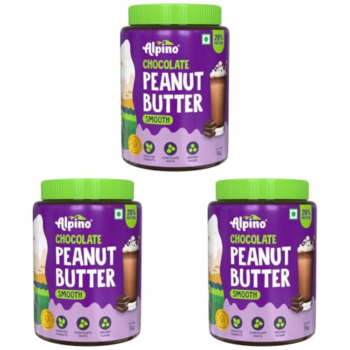 Image of ALPINO Chocolate Peanut Butter Smooth 1kg - Roasted Peanuts, Chocolate Paste & Brown Sugar - 26% Protein, Source of Healthy Fats (Pack of 3)