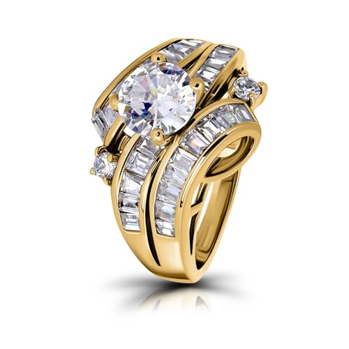 Hoops & Loops 925 Sterling Silver Cubic Zirconia Channel Set Triple Row Fashion Statement Wedding Bridal Anniversary Ring for Women, Yellow Gold Size 7