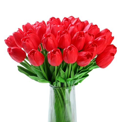 XIANNVXI 20pcs Red Tulips Artificial Tulip Flowers Silk Tulips Decorative Fake Faux Red Flowers for Indoor Spring Kitchen Wedding Bouquet Rome Decor 14 Inch