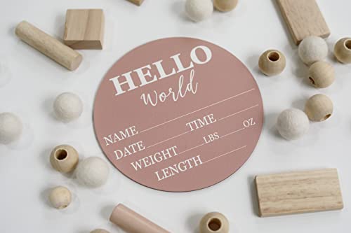 Image of Baby Announcement Sign for Newborn Boys and Girls (Color Bases) - Hello World Nursery Decor Sign & Photo Prop for Babies Made of Birch Wood - 6 inch Circle Board (Pink)